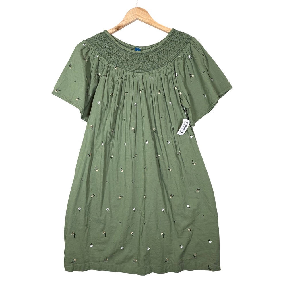 New Old Navy Tunic Dress Large Green Smocked Floral Embroidered Short Sleeve